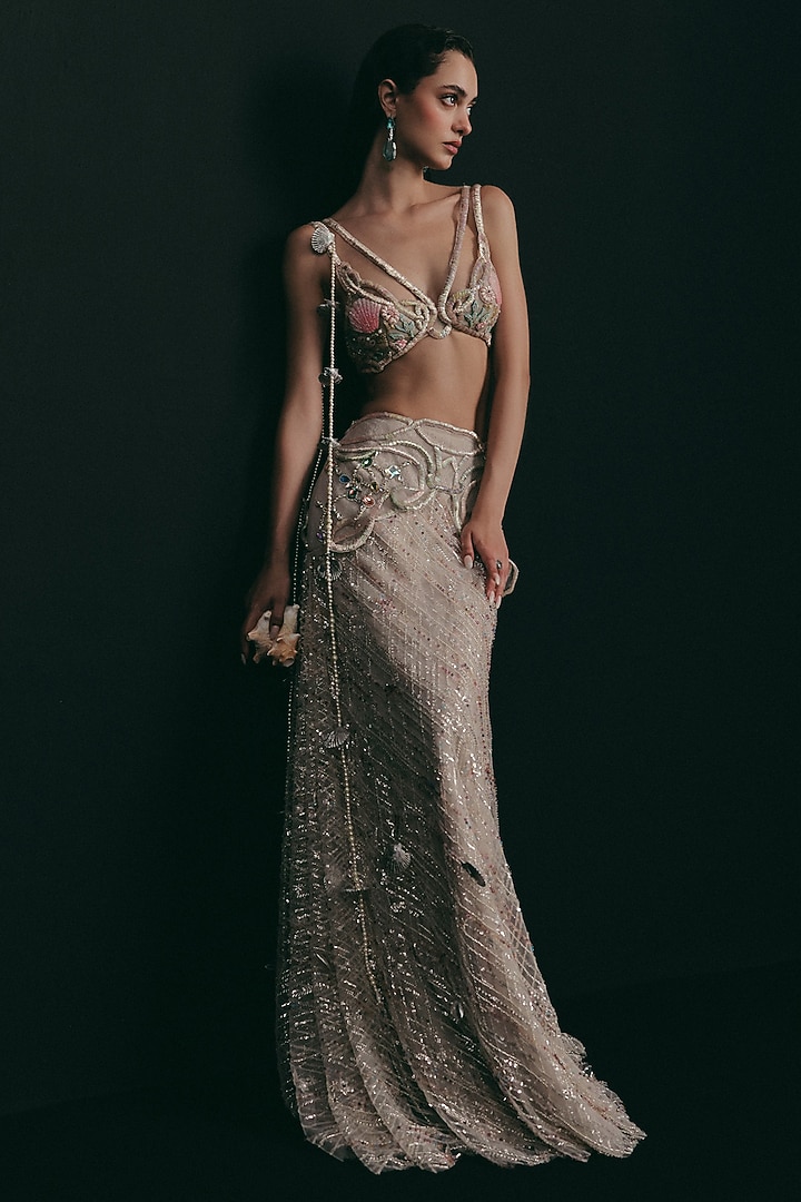 Silver Silk & Tulle Mukaish Embroidered Bridal Lehenga Set by The Little Black Bow at Pernia's Pop Up Shop