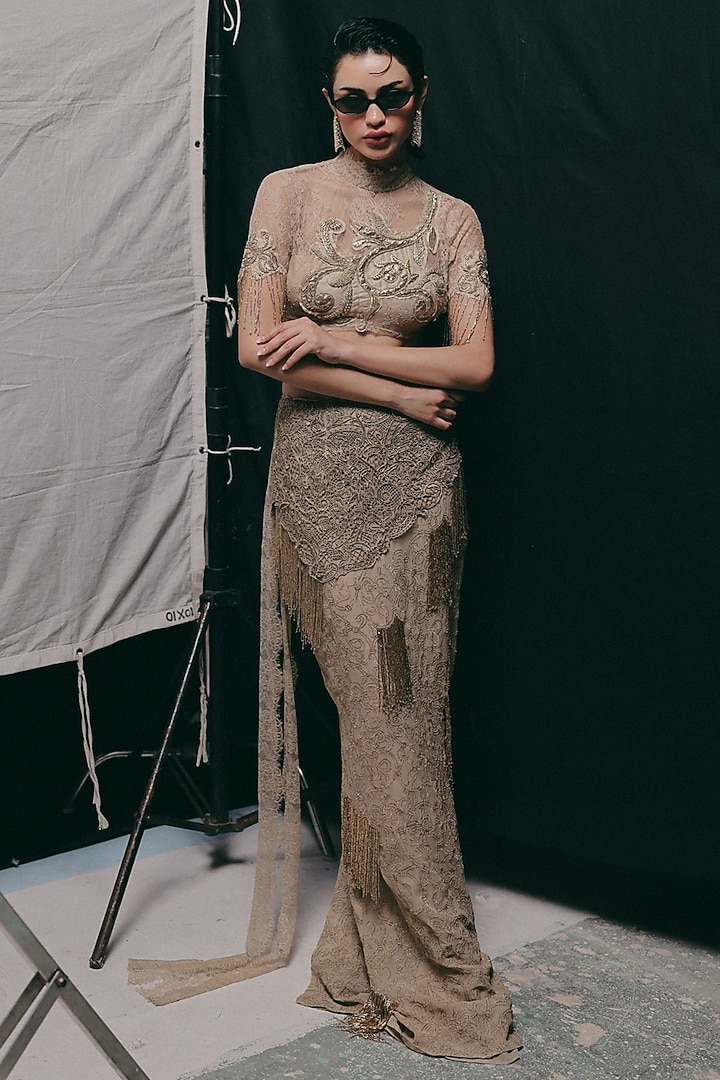 Gold Silk French Lace Zardosi Embroidered Bridal Lehenga Set by The Little Black Bow at Pernia's Pop Up Shop