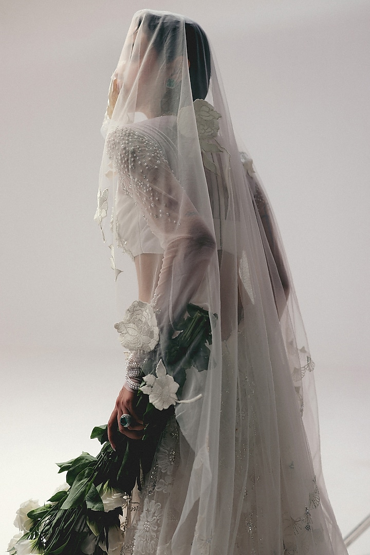 Ivory Tulle Zardosi Embroidered Bridal Lehenga Set by The Little Black Bow at Pernia's Pop Up Shop