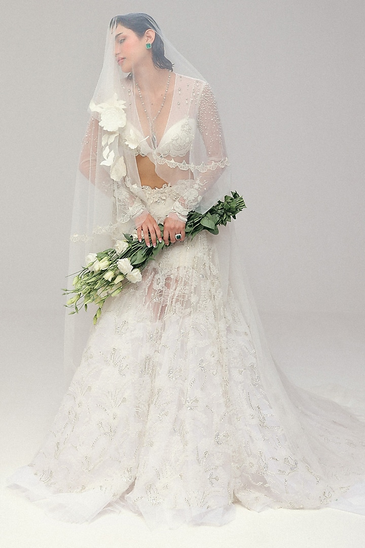 Ivory Tulle Zardosi Embroidered Bridal Lehenga Set by The Little Black Bow at Pernia's Pop Up Shop
