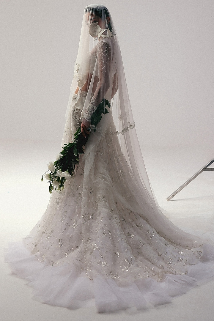 Ivory Tulle Zardosi Embroidered Bridal Lehenga Set by The Little Black Bow at Pernia's Pop Up Shop