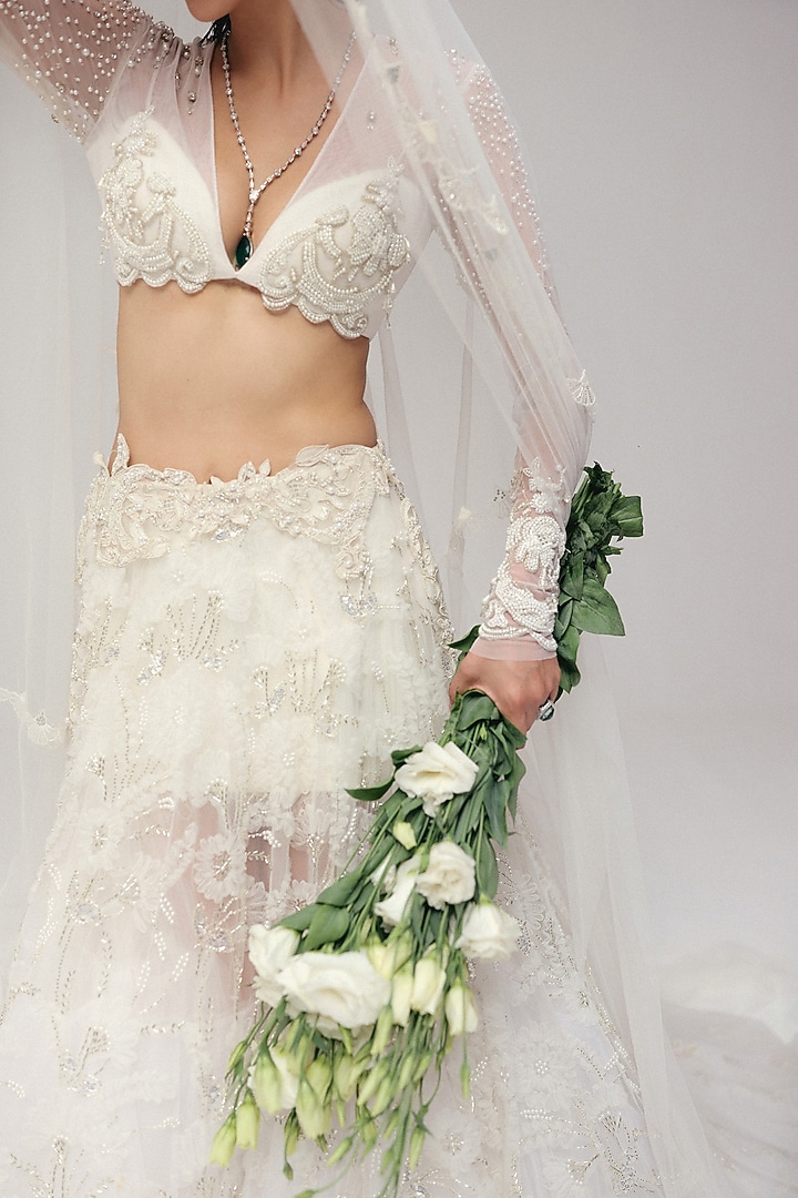 Ivory Tulle Zardosi Embroidered Bridal Lehenga Set by The Little Black Bow at Pernia's Pop Up Shop
