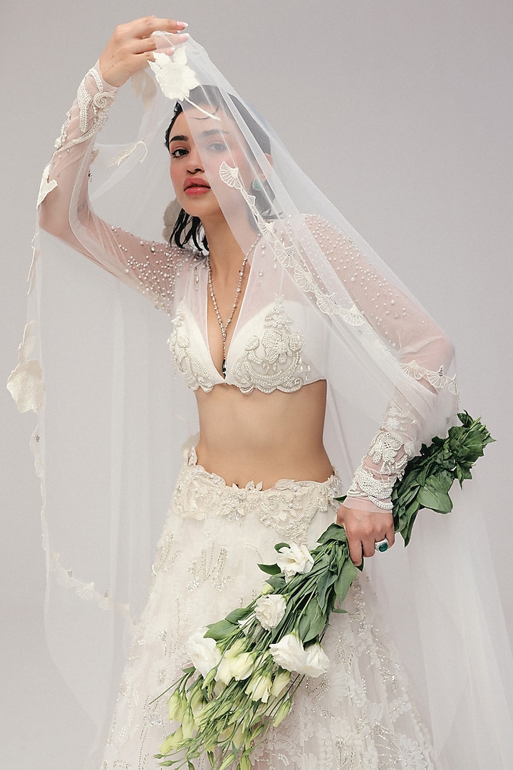 Ivory Tulle Zardosi Embroidered Bridal Lehenga Set by The Little Black Bow at Pernia's Pop Up Shop