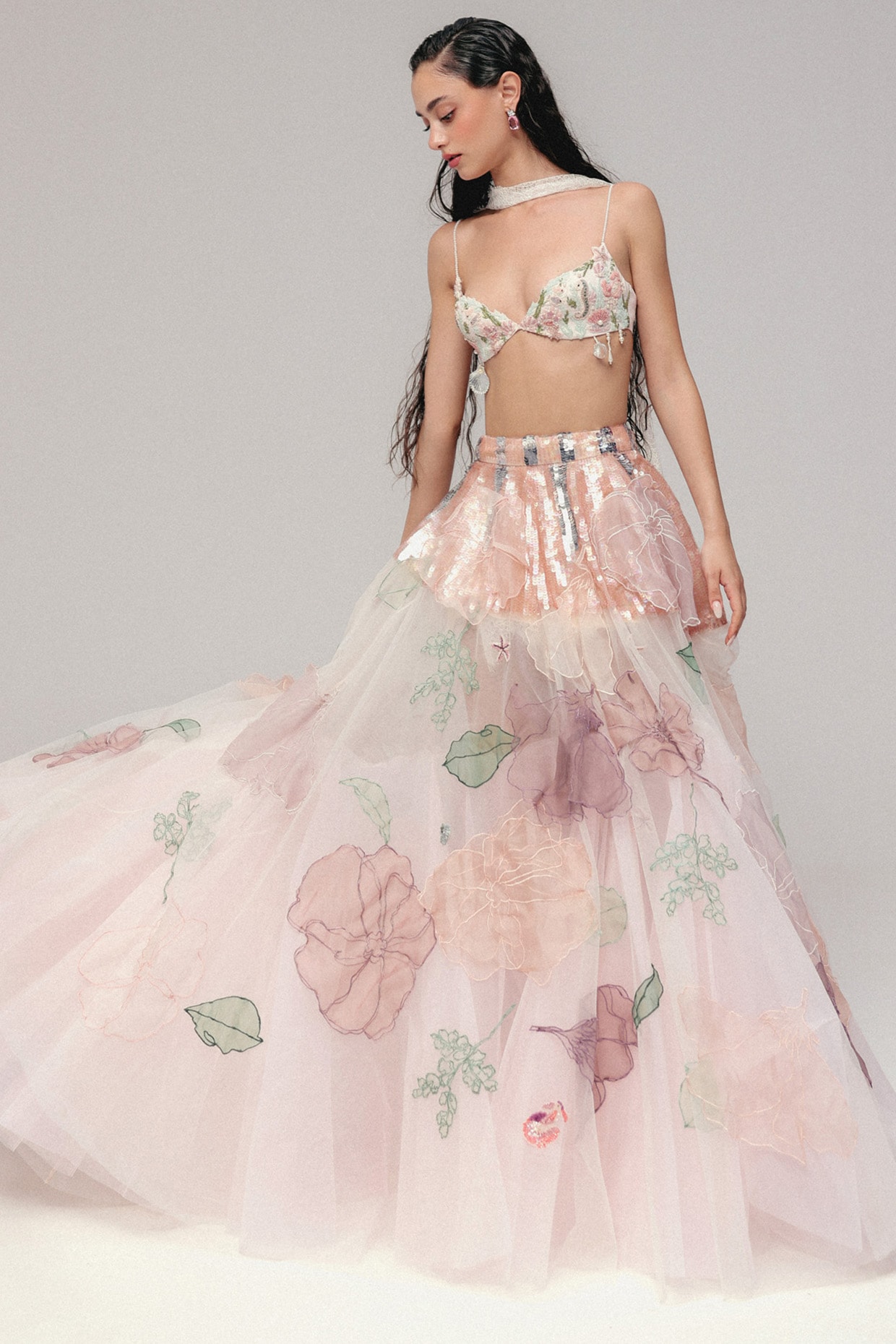 The Little Black Bow Pink Soft Tulle Floral Bead Embroidered Lehenga Set