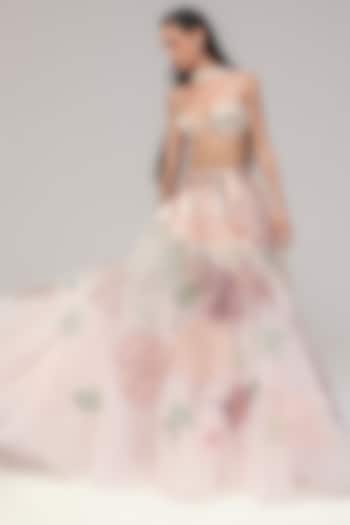 Pink Soft Tulle Floral Bead Embroidered Bridal Lehenga Set by The Little Black Bow at Pernia's Pop Up Shop