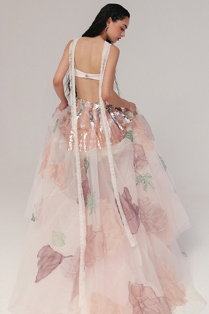 Pink Soft Tulle Floral Bead Embroidered Bridal Lehenga Set by The Little Black Bow at Pernia's Pop Up Shop