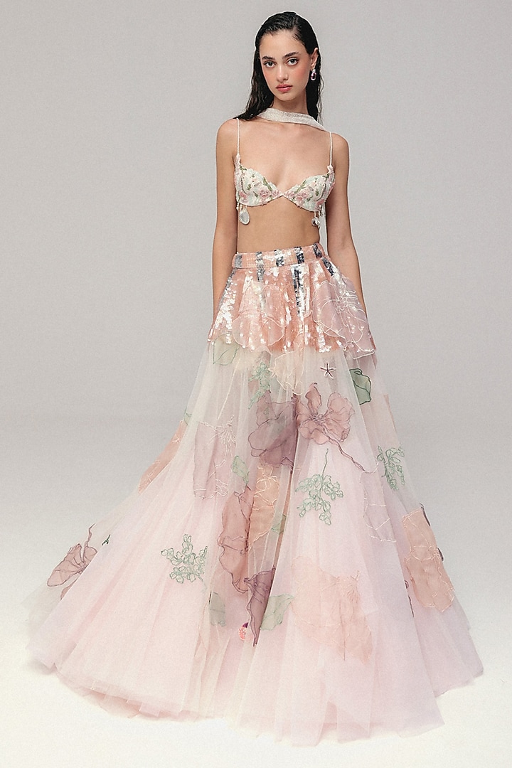 Pink Soft Tulle Floral Bead Embroidered Bridal Lehenga Set by The Little Black Bow at Pernia's Pop Up Shop