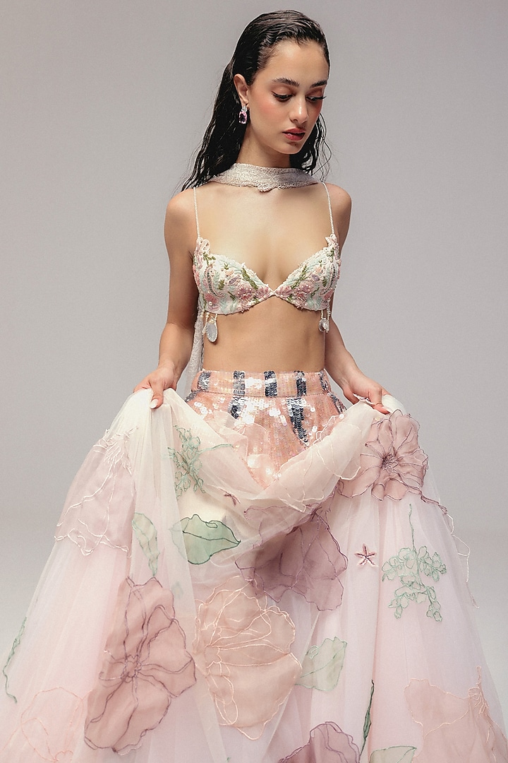 Pink Soft Tulle Floral Bead Embroidered Bridal Lehenga Set by The Little Black Bow at Pernia's Pop Up Shop
