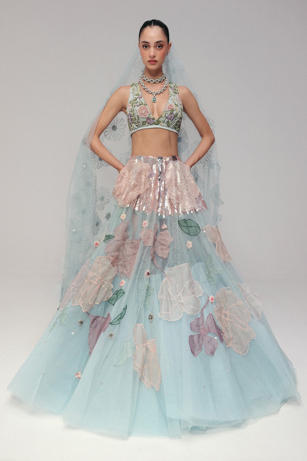 The Little Black Bow Blue Tulle Floral & Zardosi Embroidered Lehenga Set