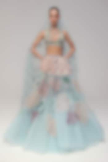 Blue Tulle Floral & Zardosi Embroidered Bridal Lehenga Set by The Little Black Bow at Pernia's Pop Up Shop