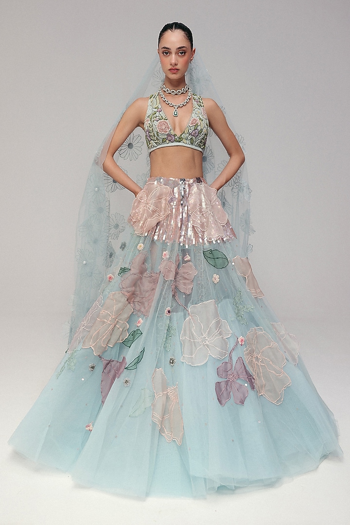 Blue Tulle Floral & Zardosi Embroidered Bridal Lehenga Set by The Little Black Bow at Pernia's Pop Up Shop