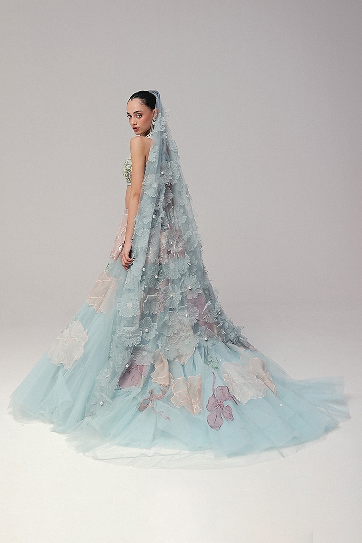 Blue Tulle Floral & Zardosi Embroidered Bridal Lehenga Set by The Little Black Bow at Pernia's Pop Up Shop