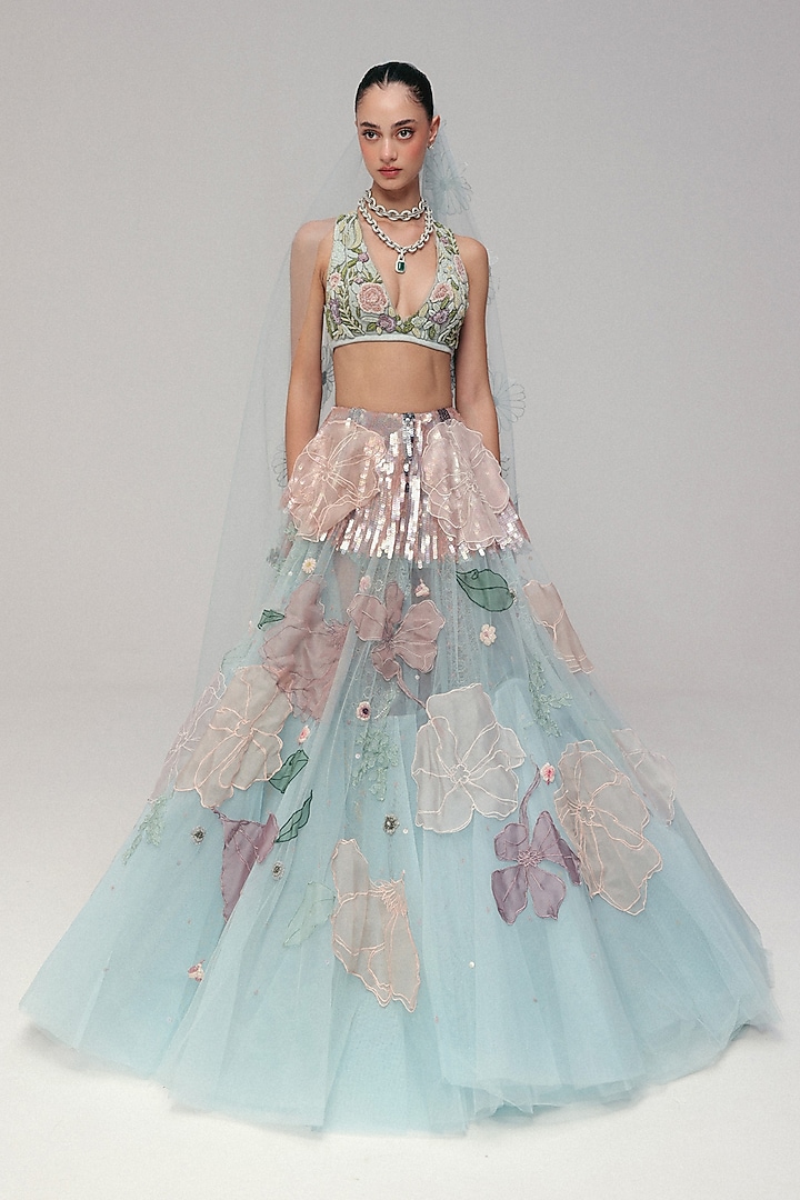 Blue Tulle Floral & Zardosi Embroidered Bridal Lehenga Set by The Little Black Bow at Pernia's Pop Up Shop