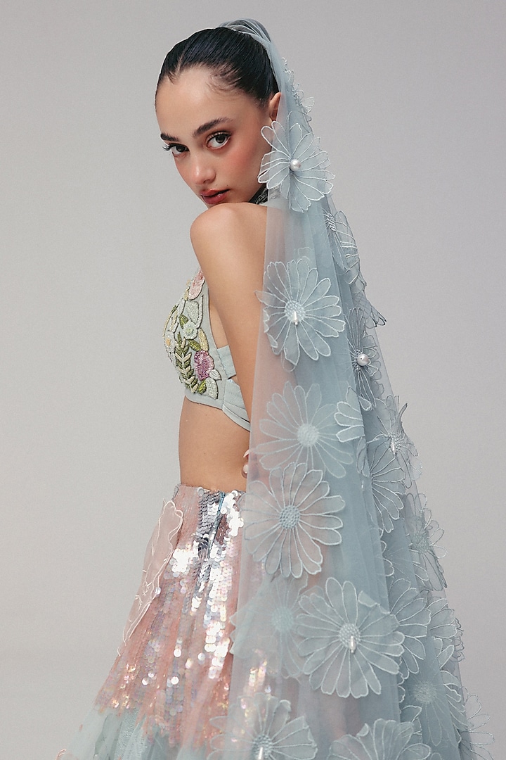 Blue Tulle Floral & Zardosi Embroidered Bridal Lehenga Set by The Little Black Bow at Pernia's Pop Up Shop