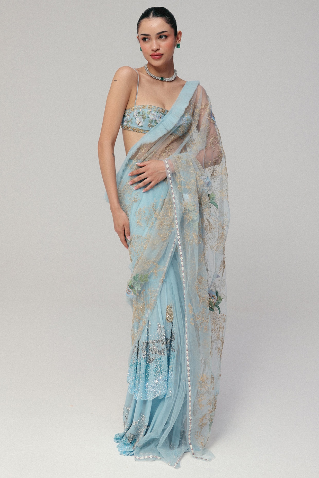 The Little Black Bow Blue Silk Georgette & Tulle Zardosi Embroidered Saree Set