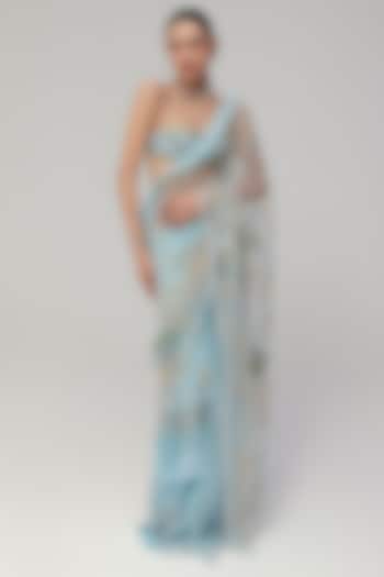 Blue Silk Georgette & Tulle Zardosi Embroidered Reception Saree Set by The Little Black Bow at Pernia's Pop Up Shop