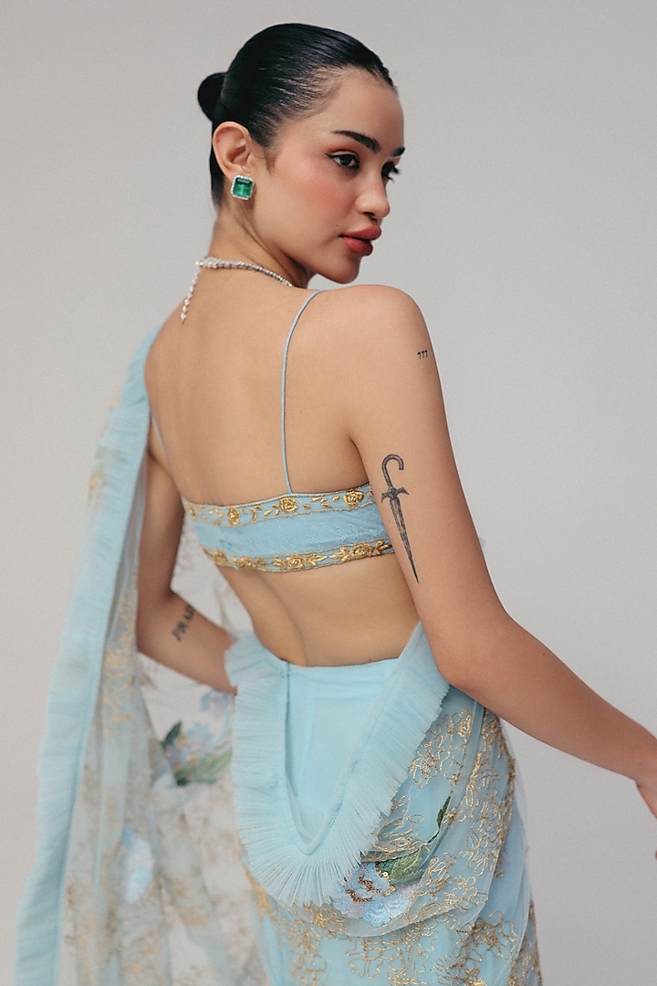 Blue Silk Georgette & Tulle Zardosi Embroidered Reception Saree Set by The Little Black Bow at Pernia's Pop Up Shop