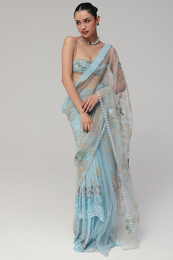 Blue Silk Georgette & Tulle Zardosi Embroidered Reception Saree Set by The Little Black Bow at Pernia's Pop Up Shop
