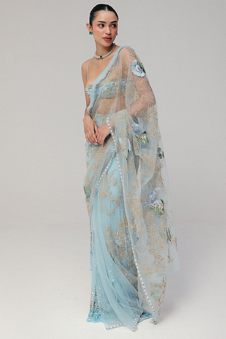 Blue Silk Georgette & Tulle Zardosi Embroidered Reception Saree Set by The Little Black Bow at Pernia's Pop Up Shop