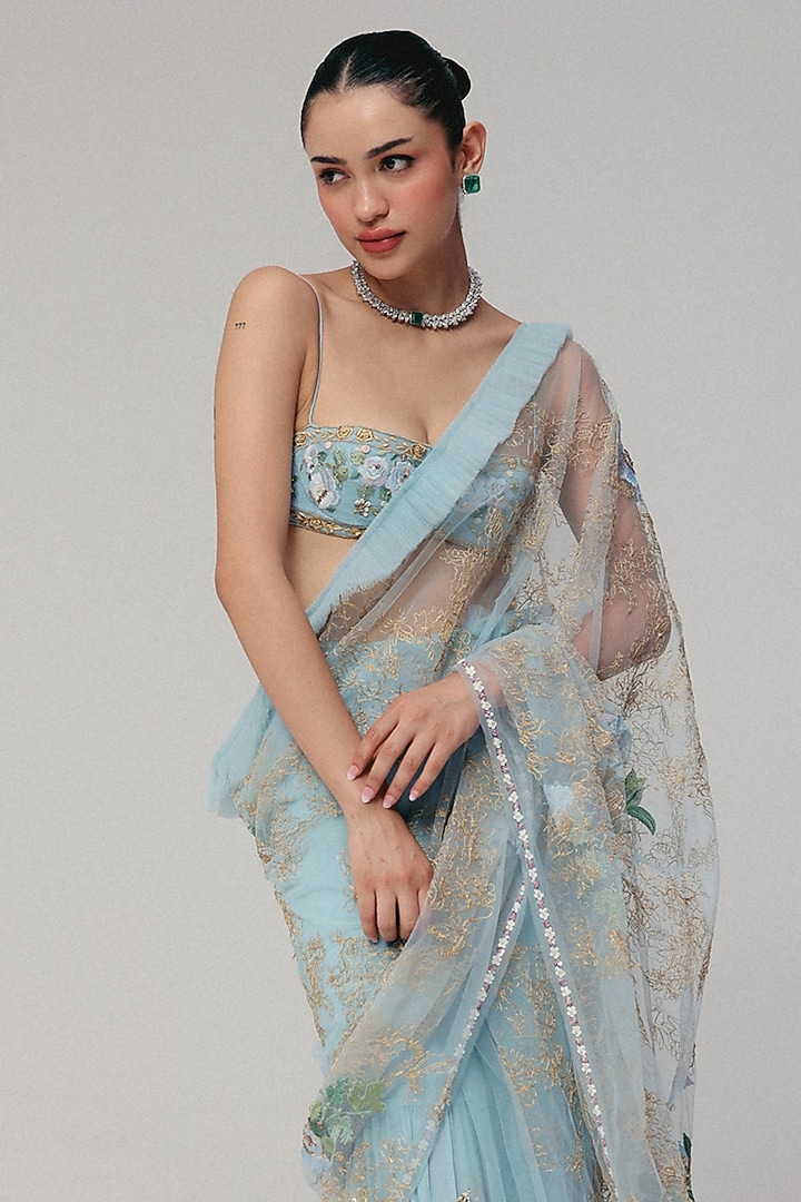 Blue Silk Georgette & Tulle Zardosi Embroidered Reception Saree Set by The Little Black Bow at Pernia's Pop Up Shop