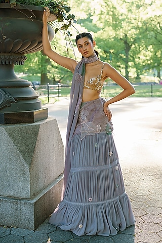 Grey Cotton Crochet Lace 3D Floral Embroidered Tiered Concept Saree Set by The Little Black Bow