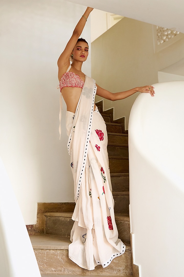 Ivory Double Layered Cotton Gauze Hand Embroidered Wedding Saree Set by The Little Black Bow at Pernia's Pop Up Shop