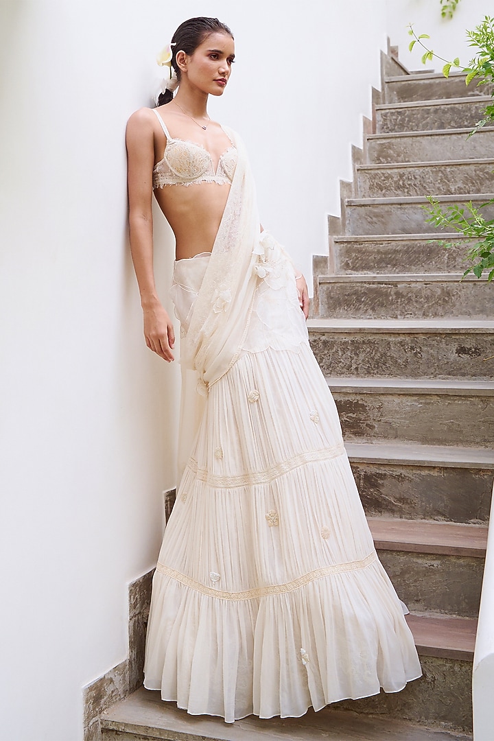 Ivory Georgette Embroidered Concept Reception Saree Set by The Little Black Bow at Pernia's Pop Up Shop