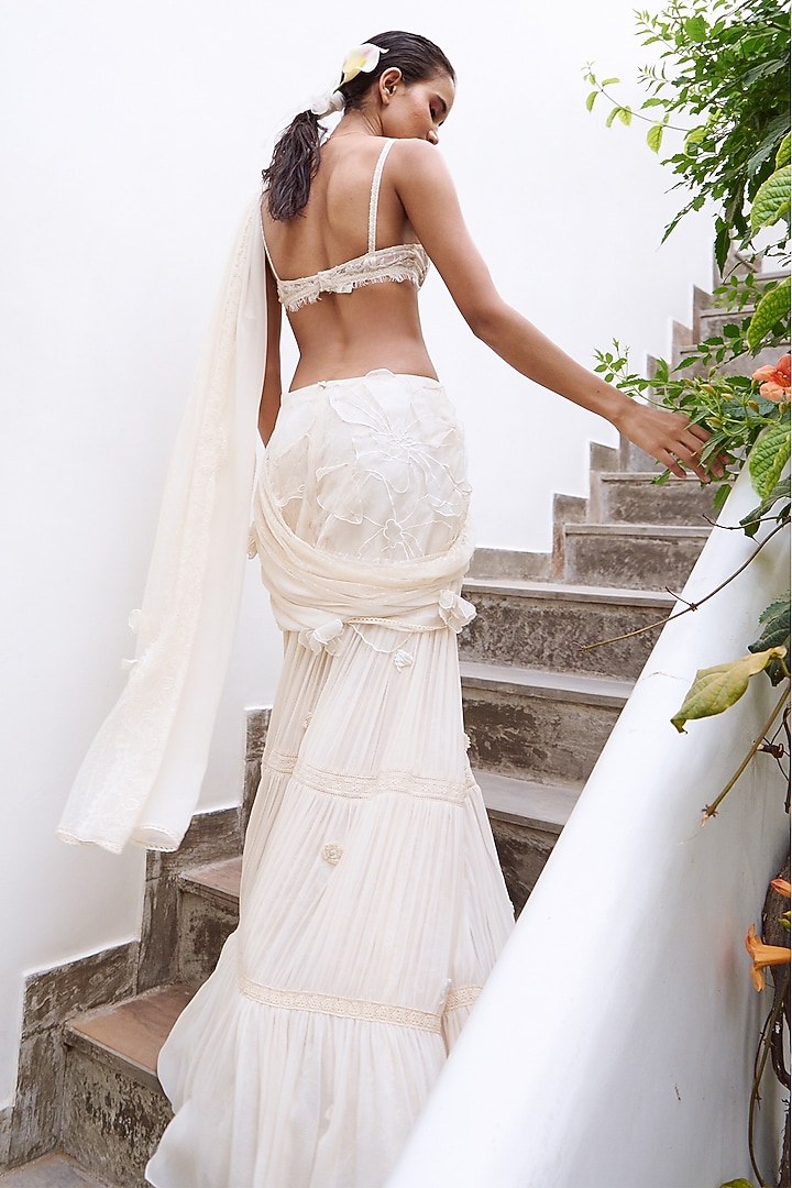Ivory Georgette Embroidered Concept Reception Saree Set by The Little Black Bow at Pernia's Pop Up Shop