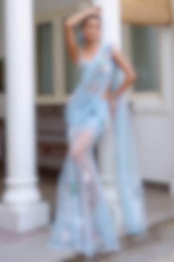 Blue Tulle & Silk Embroidered Concept Wedding Saree Set by The Little Black Bow at Pernia's Pop Up Shop