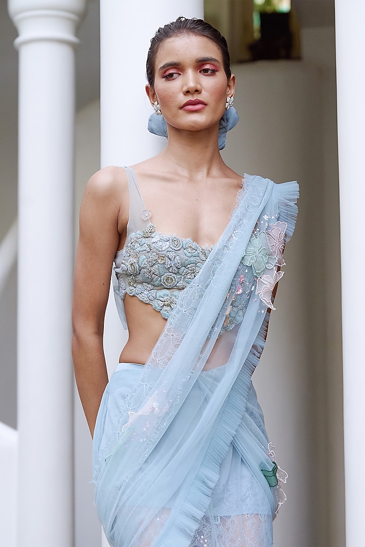 Blue Tulle & Silk Embroidered Concept Wedding Saree Set by The Little Black Bow at Pernia's Pop Up Shop