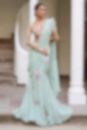 Green Tulle & Silk Embroidered Concept Reception Saree Set by The Little Black Bow at Pernia's Pop Up Shop