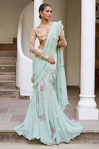 Green Tulle & Silk Embroidered Concept Saree Set by The Little Black Bow