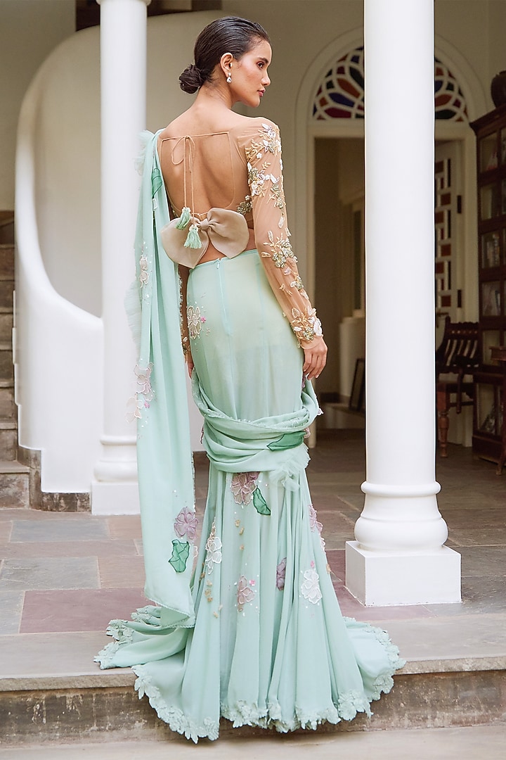 Green Tulle & Silk Embroidered Concept Reception Saree Set by The Little Black Bow at Pernia's Pop Up Shop