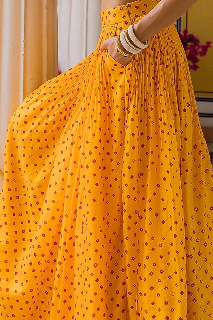 Yellow Handwoven Bandhani Silk Hand-Dyed Skirt Set by The little black bow at Pernia's Pop Up Shop