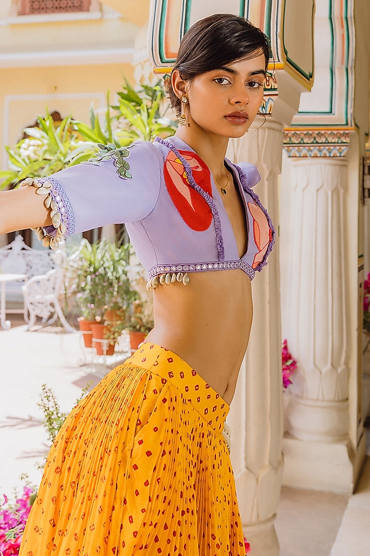 Yellow Handwoven Bandhani Silk Hand-Dyed Skirt Set by The little black bow at Pernia's Pop Up Shop