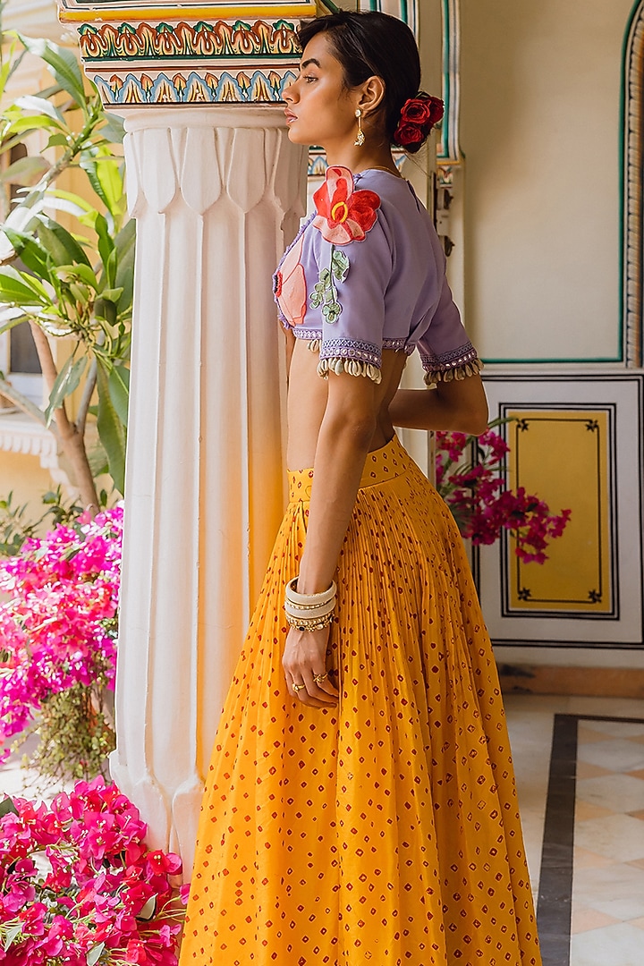 Yellow Handwoven Bandhani Silk Hand-Dyed Skirt Set by The little black bow at Pernia's Pop Up Shop
