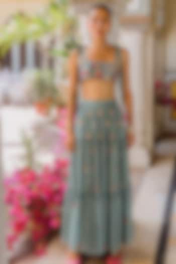 Basilico Green Handwoven Silk Kashida Embroidered Tiered Skirt Set by The little black bow at Pernia's Pop Up Shop