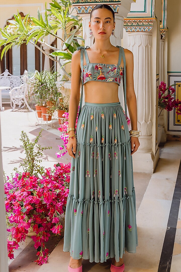 Basilico Green Handwoven Silk Kashida Embroidered Tiered Skirt Set by The little black bow at Pernia's Pop Up Shop