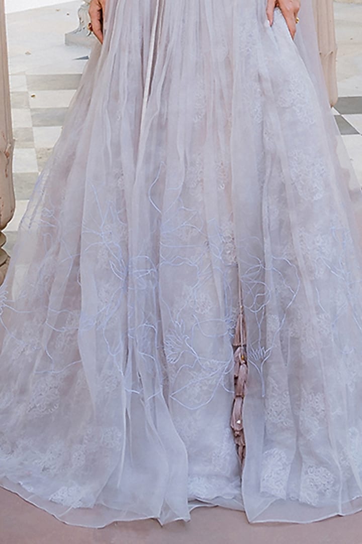 Lilac Organza Applique Embroidered Wedding Lehenga Set by The little black bow at Pernia's Pop Up Shop