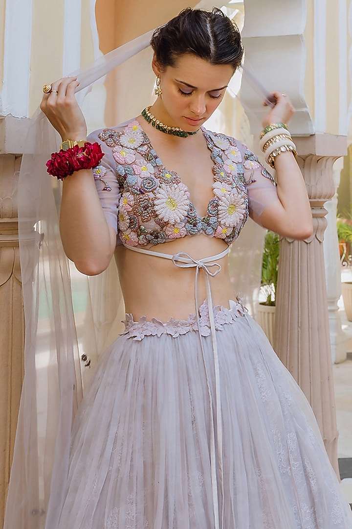 Lilac Organza Applique Embroidered Wedding Lehenga Set by The little black bow at Pernia's Pop Up Shop