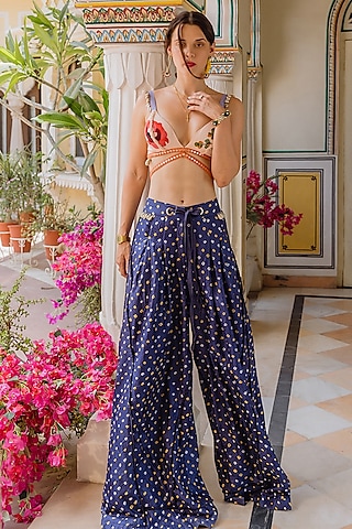 Navy Blue Blue Bandhani Silk Pant Set by The little black bow