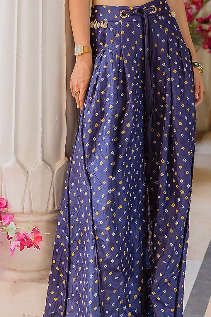 Navy Blue Blue Bandhani Silk Pant Set by The little black bow at Pernia's Pop Up Shop