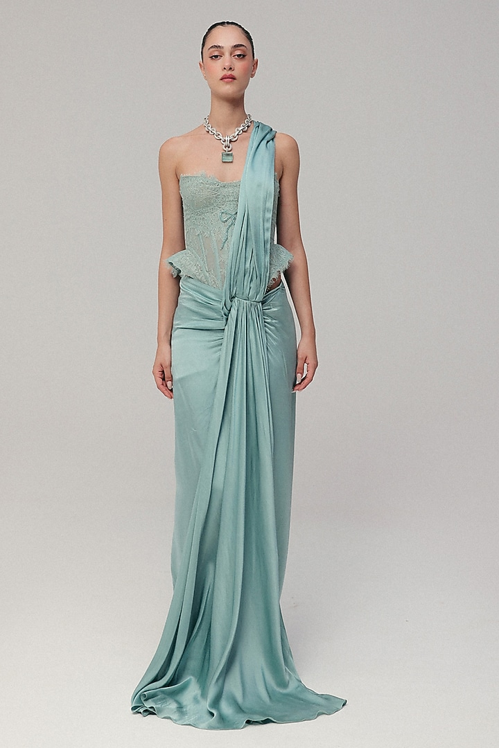 Cove Blue Silk Satin Zardosi Embroidered Pre-Pleated Wedding Saree Set by The Little Black Bow at Pernia's Pop Up Shop