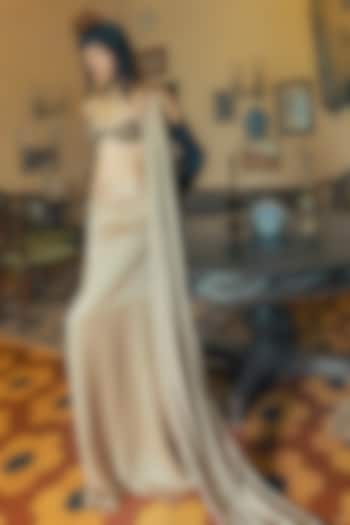 Taupe Gold Tulle Pre-Stitched Wedding Saree Set by The Little Black Bow at Pernia's Pop Up Shop