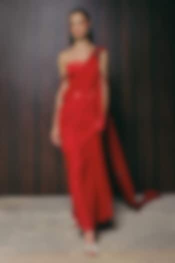 Red Silk Zardosi Embroidered Wedding Saree Set by The Little Black Bow at Pernia's Pop Up Shop