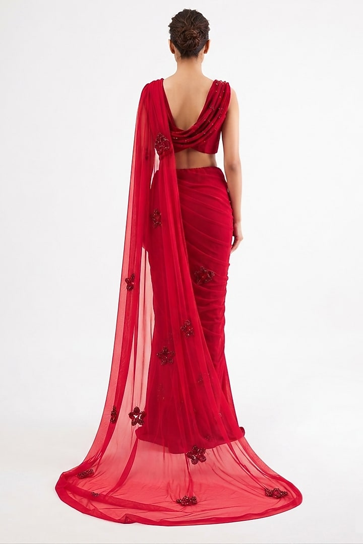 Red Silk Zardosi Embroidered Wedding Saree Set by The Little Black Bow at Pernia's Pop Up Shop