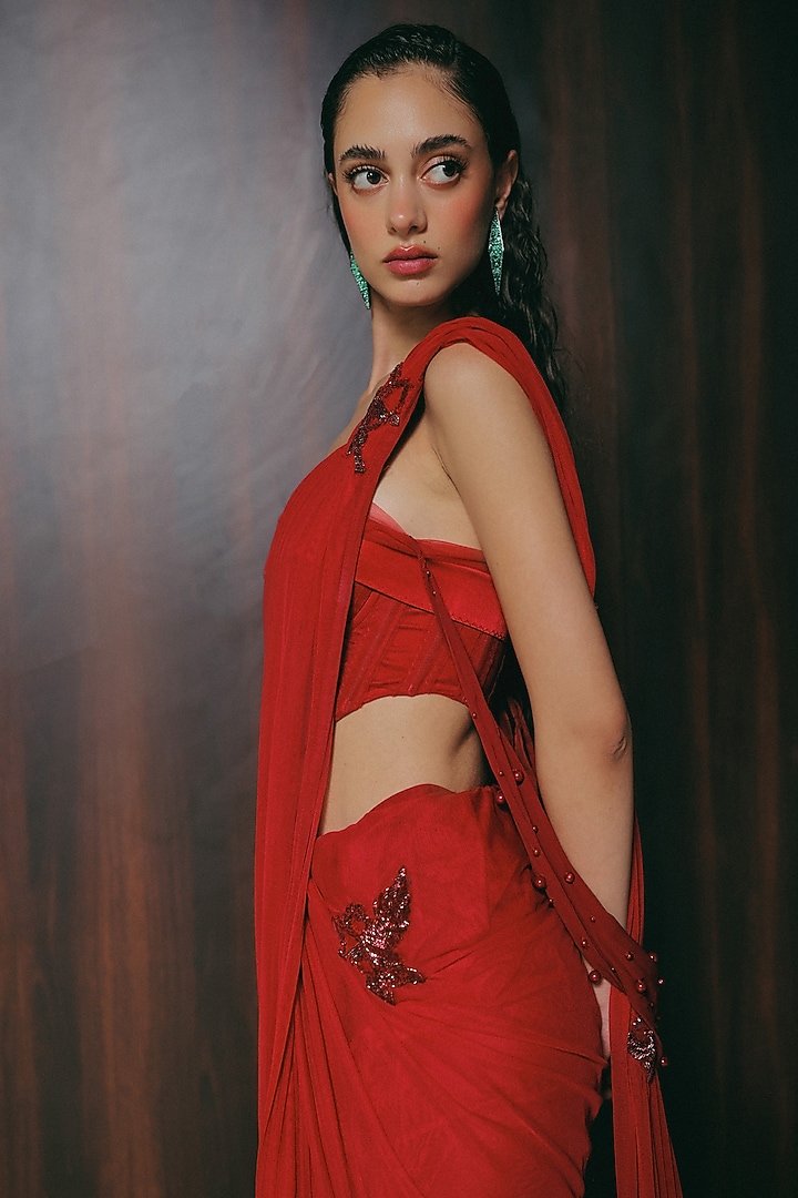 Red Silk Zardosi Embroidered Wedding Saree Set by The Little Black Bow at Pernia's Pop Up Shop