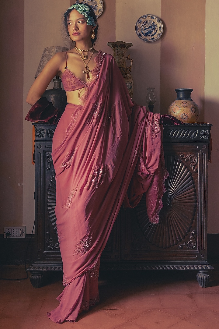 Vintage Rose Silk Georgette Zardosi & Beads Embroidered Wedding Saree Set by The Little Black Bow at Pernia's Pop Up Shop