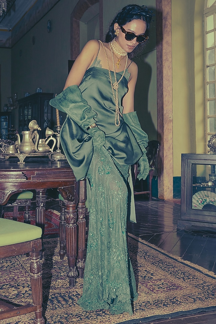 Green French Lace Embroidered Skirt Set by The Little Black Bow at Pernia's Pop Up Shop