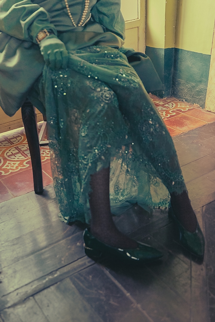 Green French Lace Embroidered Skirt Set by The Little Black Bow at Pernia's Pop Up Shop
